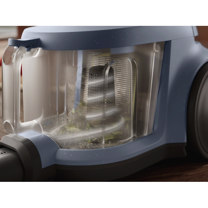 Vacuum cleaner with cyclone separator for efficient cleaning with less frequent bin emptying.*Based on internal test according to IEC 62885-2 edition 2.0.5.1.5, 10 & 5.12