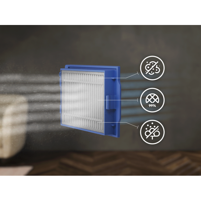 Advanced filter captures and seals in dust and dirt, releasing only clean air. Disclaimer: Based on external test according to ISO16890-2016:initial fractional efficiency on particle size above 1.0 microns. 