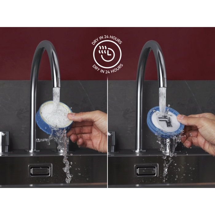 Cordless cleaner with washable, reusable filter that dries in 24 hours.