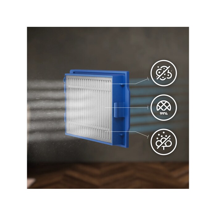 Advanced filter captures and seals in dust and dirt, releasing only clean air. Disclaimer: Based on external test according to ISO16890-2016:initial fractional efficiency on particle size above 1.0 microns. 