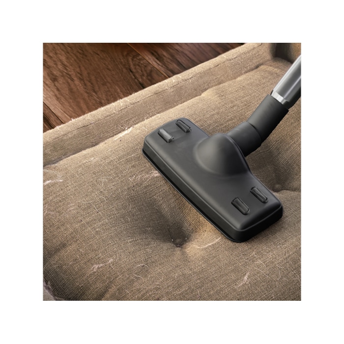 Upholstery nozzle vacuuming pet hair from dog bed or other upholstery