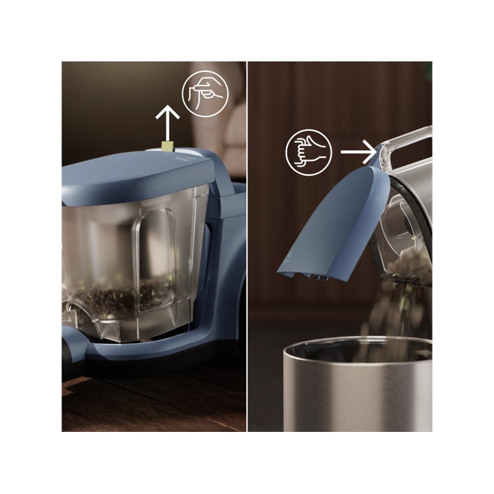 Vacuum cleaner with 2L dustbin designed for easy, spill-free emptying.