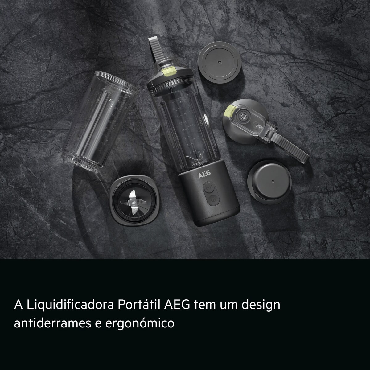 A Liquidificadora Portátil AEG tem um design antiderrames e uma pega ergonómica.