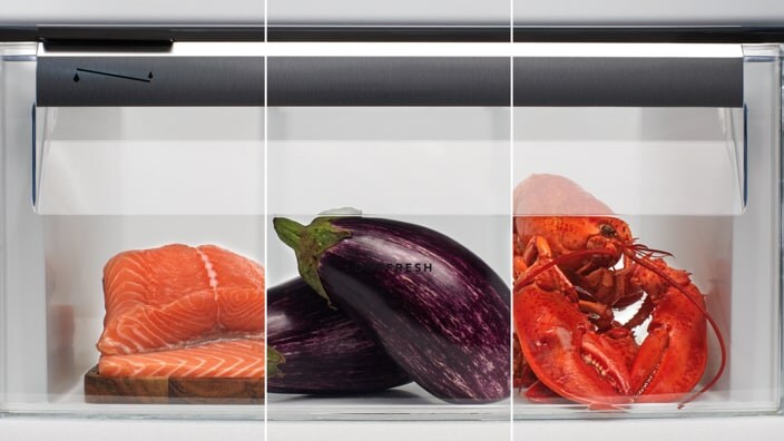 Vegetais e peixe no frigorífico