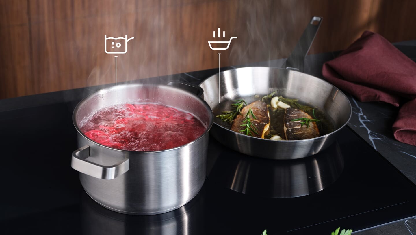 Alimentos a serem preparados numa placa de indução com a função SenseBoil and Fry