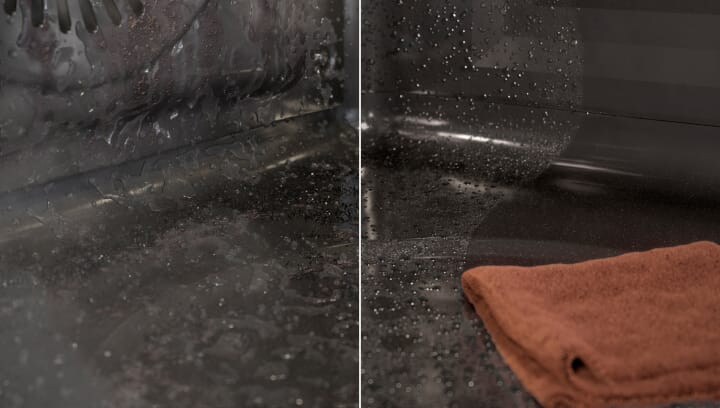 Um forno sujo a ser limpo com vapor