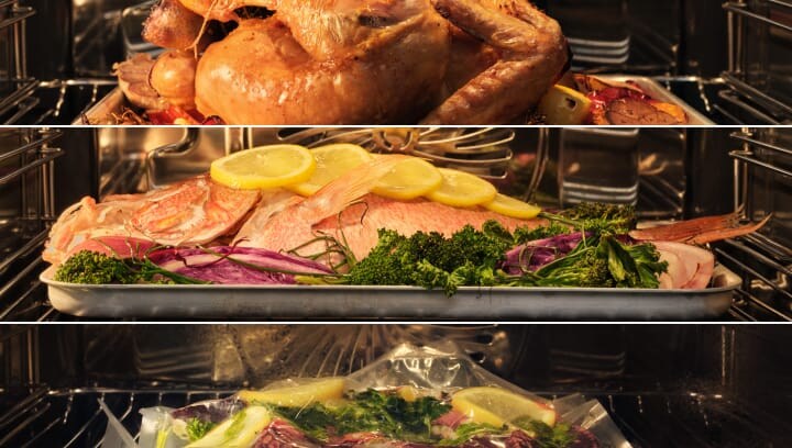 Alimentos a cozinhar no forno.